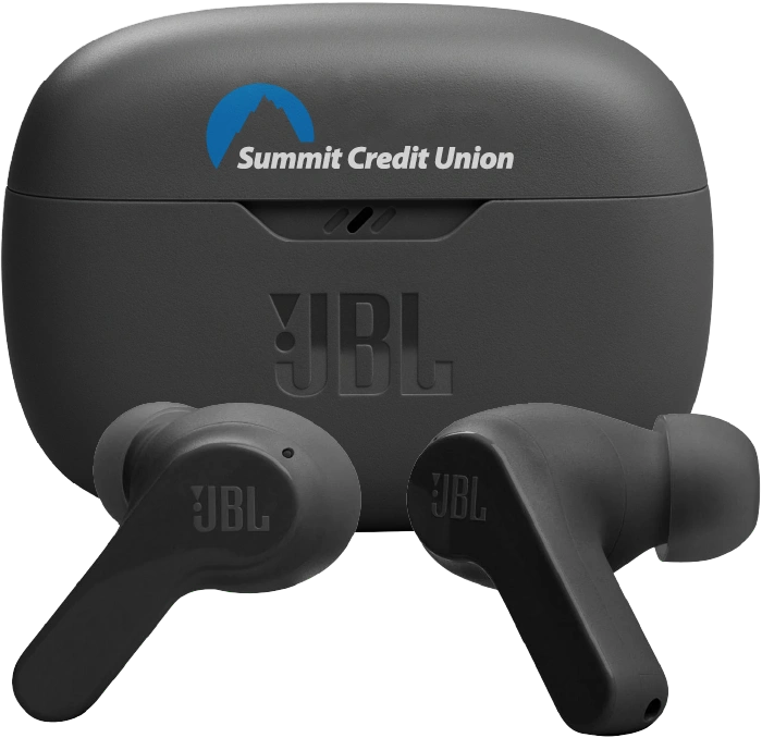 Photo of JBL Vibe Beam earbuds and charging case, co-branded with Summit Credit Union